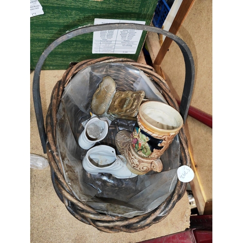 172 - Small Wicker Basket With 3 Crumb And Brushes Plus A Small Amount Of China