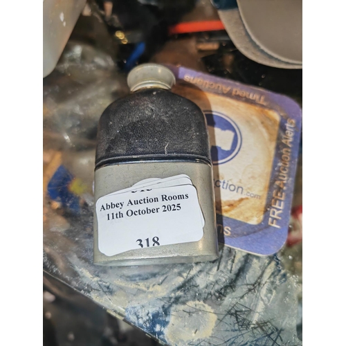 318 - Mine Hip Flask Pewter And Leather Glass