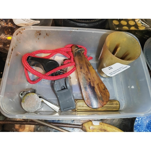 327 - 2 Sewing Dollys/Sock Darners + 4 Button Hooks One Handle Horn, And One Bakelite + Horn Beaker Plus A... 