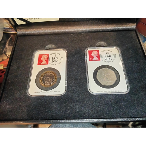 334 - 2016 £2 Shakespeare Coin Plus A 1969 First Issue 50P Coin With Stamps In Cases And Box