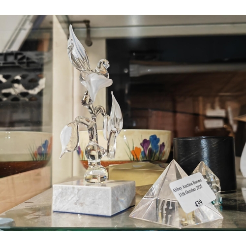 439 - 2 Pyramid Paperweights Plus A Bird Ornament Plus A Crystal Art House