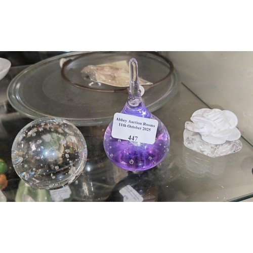 447 - 3 Glass Paperweights One Shaped Like A Flower