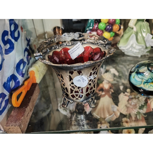 448 - Metal Basket With Red Glass Liner