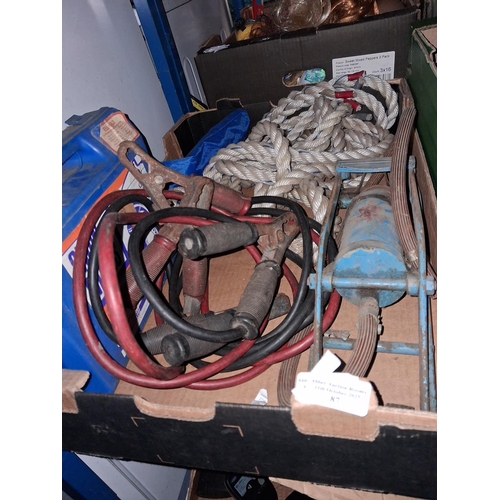 87 - Box Of Car Accessories Including A Pump, Snow Chains, Tools, Tow Rope Etc