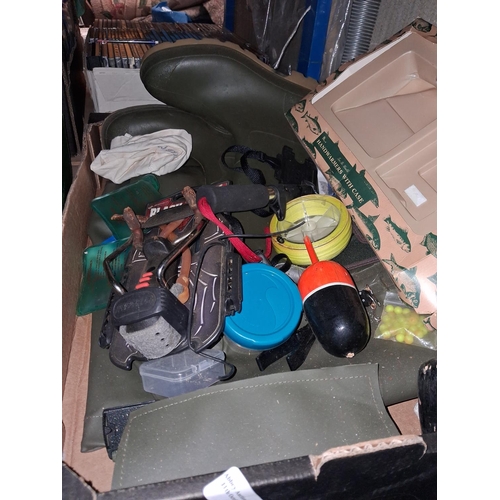 89 - Crate Of Fishing Items Including Wellies, Tackle Boxes, Line Etc