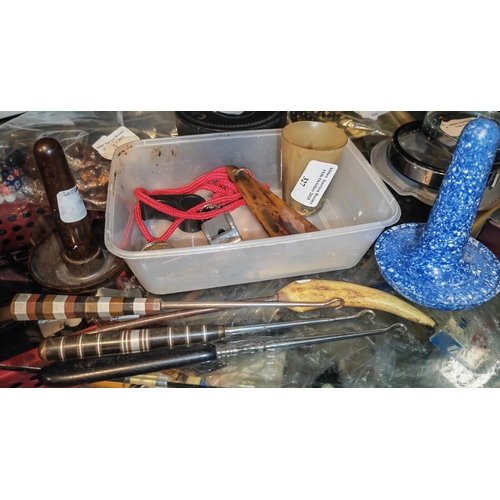 327 - 2 Sewing Dollys/Sock Darners + 4 Button Hooks One Handle Horn, And One Bakelite + Horn Beaker Plus A... 