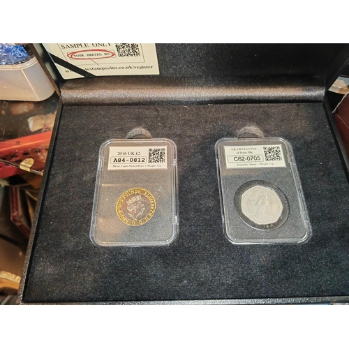 334 - 2016 £2 Shakespeare Coin Plus A 1969 First Issue 50P Coin With Stamps In Cases And Box