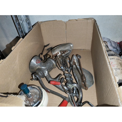 239 - Box With Shoe Stretchers, Mincer , Hand Mixer, Ashtray Etc