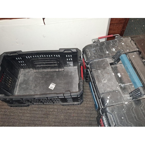 70 - Stack Of 3 Erbauer Stacking Trays, 1 Crate, 1 Large Box And 1 Clear Topped Screw Caddy