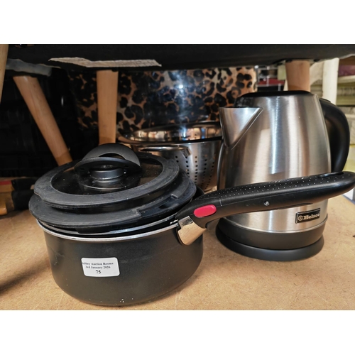 75 - Set Of Tefal Stacking Sauce Pans With Lids With Removable Handles Plus Kettle Near New And Colander