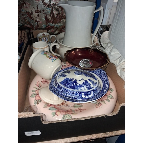 78 - Box Of China Including A Blue And White Tureen