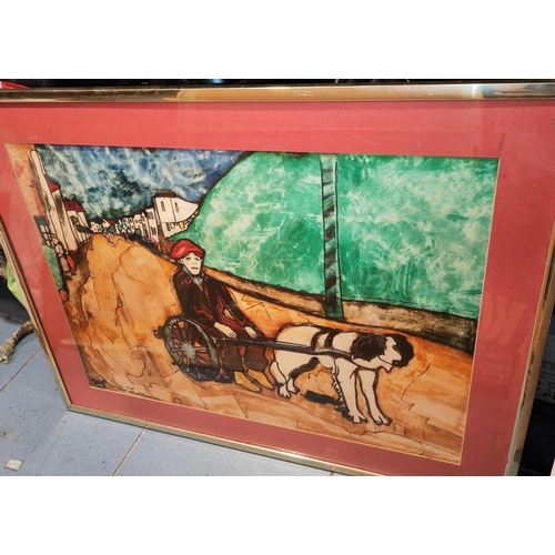 98 - Framed And Glazed Paint The Boy And The Dog Cart Belge Signed Bags Size 71Cm X 92Cm