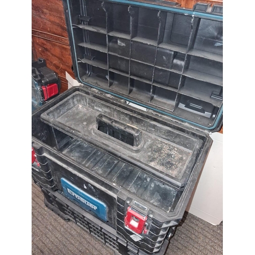 70 - Stack Of 3 Erbauer Stacking Trays, 1 Crate, 1 Large Box And 1 Clear Topped Screw Caddy