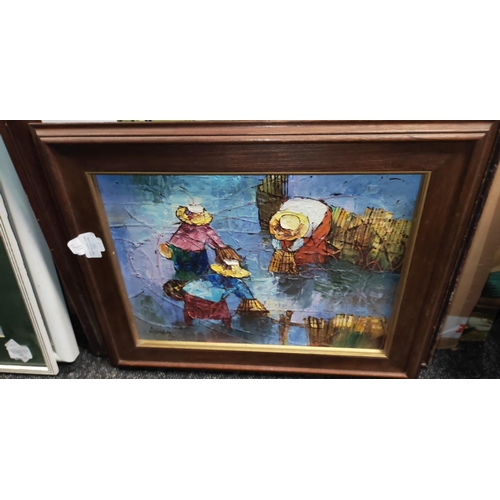 103 - Framed Palette Knife Oil Painting Chinese Ladies Fishing Signed