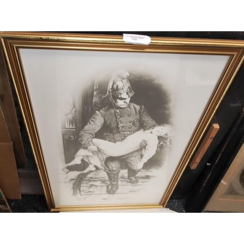 105 - Framed Print Of A Fireman Saving Little Girl
