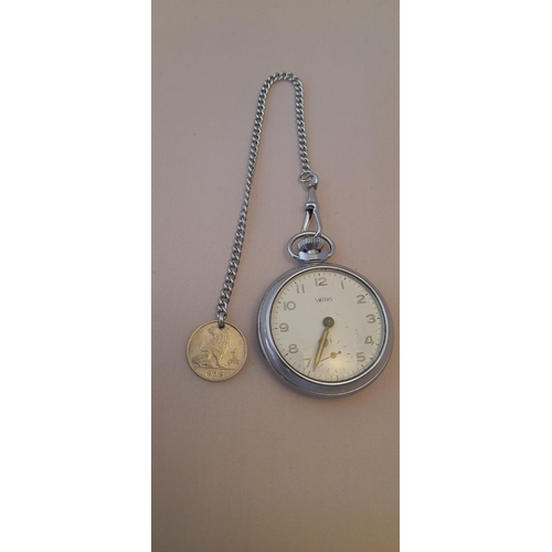 319 - Vintage Smith Chrome Pocket Watch With Chain Coin, Working