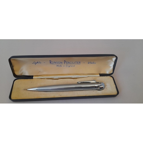 359 - Vintage Ronson Lighter, Mechanical Pencil, In Original Case Good Condition Chrome Plate, Made In Eng... 