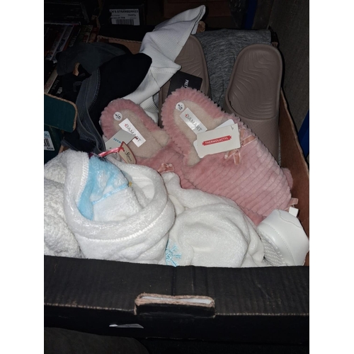 78 - Box Of Clothes, Towels, Slippers Etc