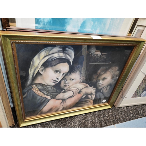 113 - Framed Original Pastel Drawing Artist Sara Richardson 1990 After Raphael Madonna Of The Chair