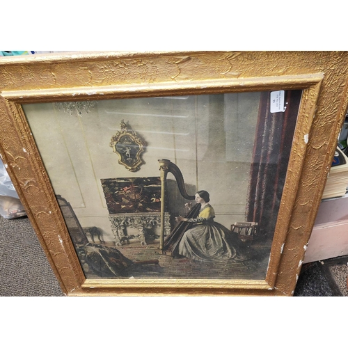 99 - Large Gilt Framed Print Of Lady Playing Harp