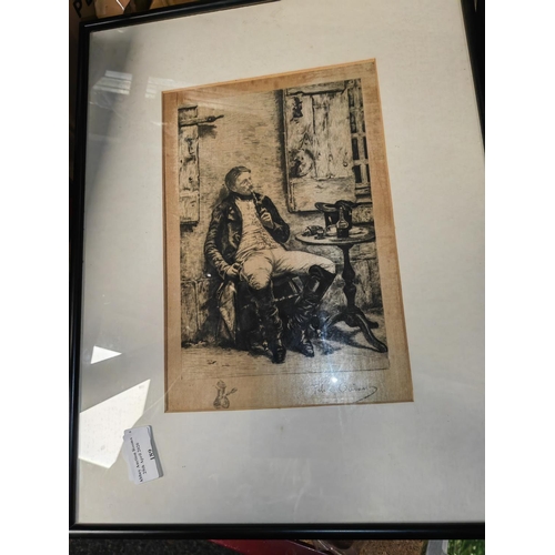 189 - Framed Original Etching By French Artist Felix Oudart On Silk Antique