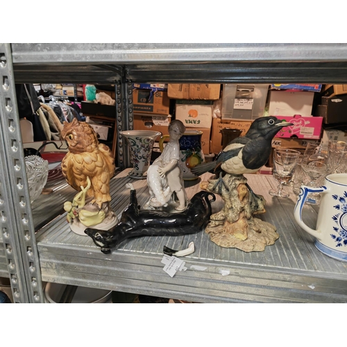 442 - 2 Bird Ornaments Magpie And Owl, Greyhound Dog Leg Needs Glueing Back And A Lady Boy With Ram A/F