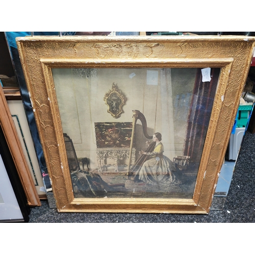 112 - Large Gilt Framed Print Of Lady Playing Harp