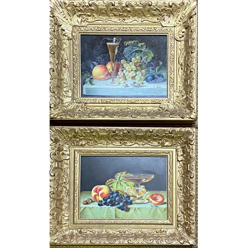 117 - W* Gill (20th century) - Pair of still lives, each with grapes, fruits and foliage, signed, oil on b... 