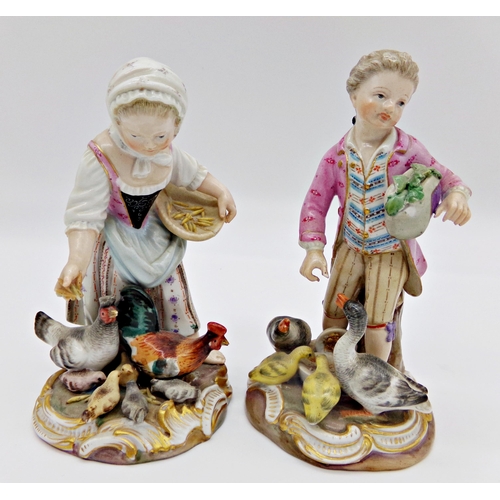 51 - Pair of 19th century Meissen figures of a boy and girl, feeding ducks and chickens, 12.5cm high