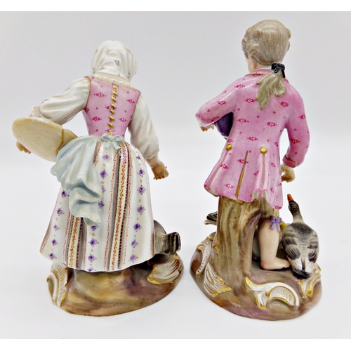 51 - Pair of 19th century Meissen figures of a boy and girl, feeding ducks and chickens, 12.5cm high