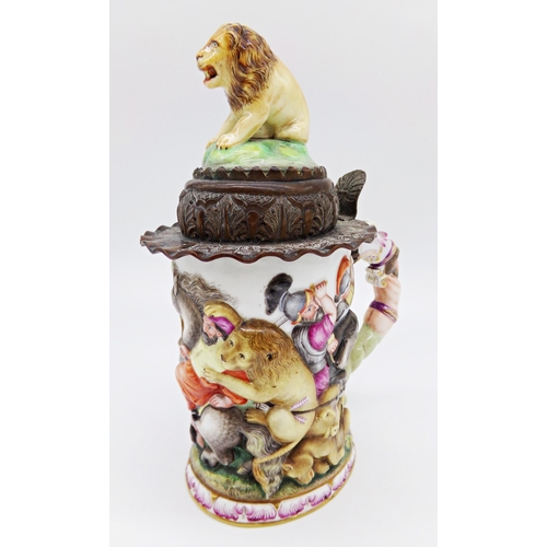 54 - Impressive antique Capodimonte porcelain tankard, the hinged lid mounted by a seated lion, with copp... 