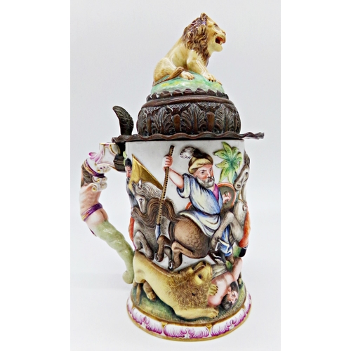 54 - Impressive antique Capodimonte porcelain tankard, the hinged lid mounted by a seated lion, with copp... 