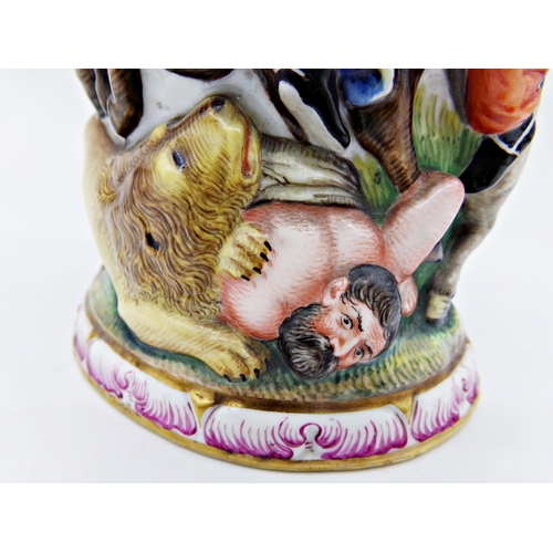 54 - Impressive antique Capodimonte porcelain tankard, the hinged lid mounted by a seated lion, with copp... 