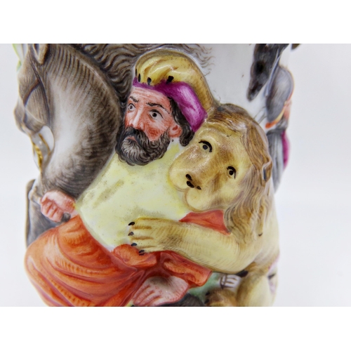 54 - Impressive antique Capodimonte porcelain tankard, the hinged lid mounted by a seated lion, with copp... 