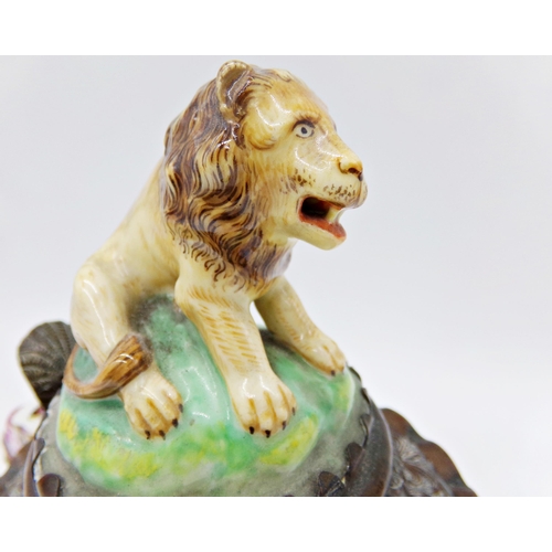 54 - Impressive antique Capodimonte porcelain tankard, the hinged lid mounted by a seated lion, with copp... 