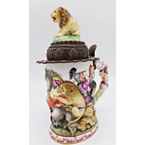 54 - Impressive antique Capodimonte porcelain tankard, the hinged lid mounted by a seated lion, with copp... 