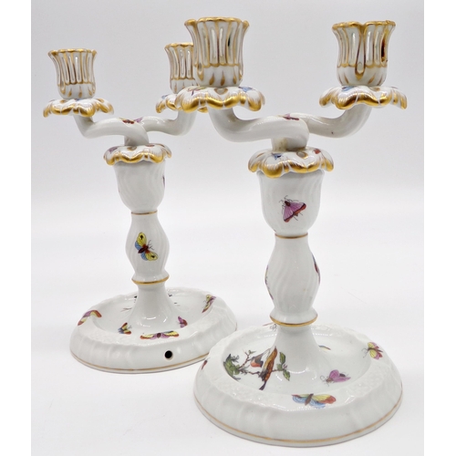 62 - Pair of Herend of Hungary Rothschild pattern porcelain twin branch candelabra, finely painted with b... 