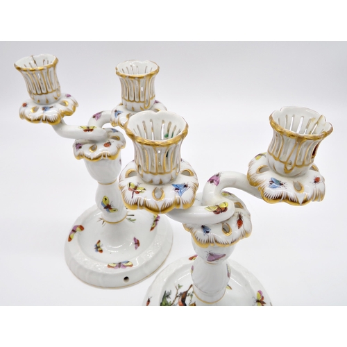 62 - Pair of Herend of Hungary Rothschild pattern porcelain twin branch candelabra, finely painted with b... 