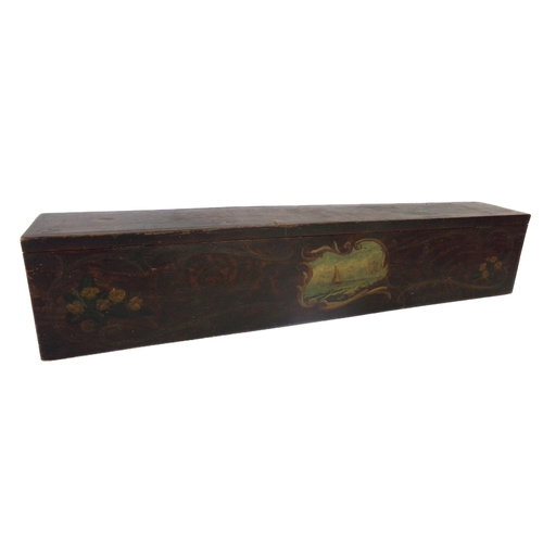 513 - 19th century painted pine pigeon hole cabinet, hand painted with a marine study and floral sprays, t... 