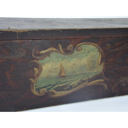 513 - 19th century painted pine pigeon hole cabinet, hand painted with a marine study and floral sprays, t... 