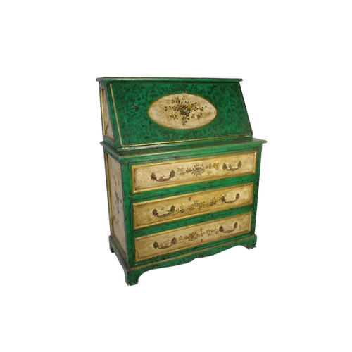 516 - Early 20th century painted Spanish bureau, highly decorative malachite effect with floral panels and... 