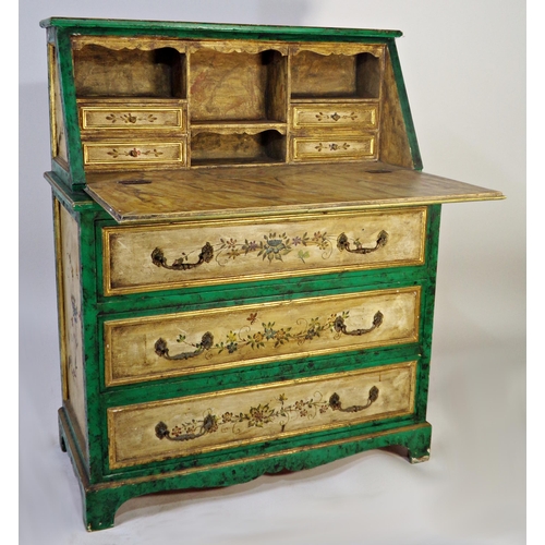 516 - Early 20th century painted Spanish bureau, highly decorative malachite effect with floral panels and... 