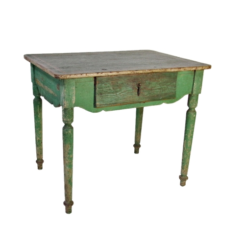 519 - 19th century Scandinavian painted kitchen table, green finish with cream highlights, fitted with a s... 