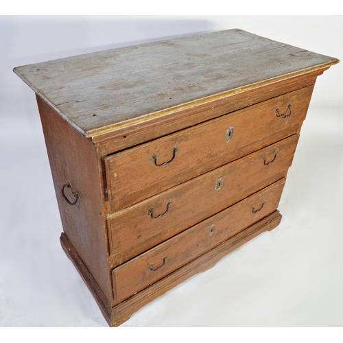 521 - 19th century Swedish painted chest of three long drawers, with twin ironwork handles, 98 cm wide x 8... 