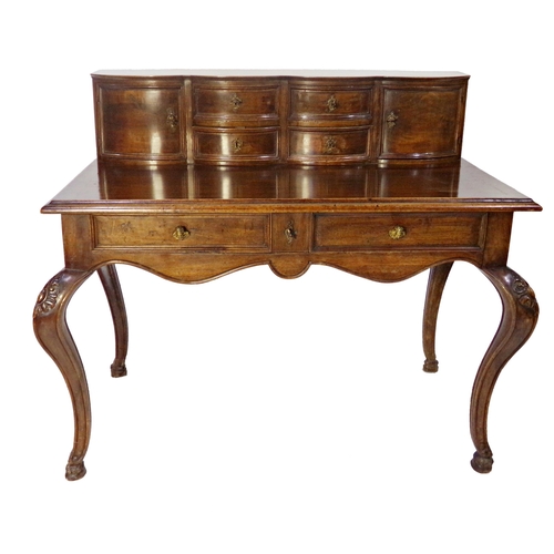 525 - 19th century Italian walnut desk, raised back fitted with four drawers and two cupboard doors, each ... 