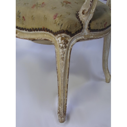 531 - Pair of 19th century French fauteuil salon chairs, painted frames with gilt highlights, studded tape... 