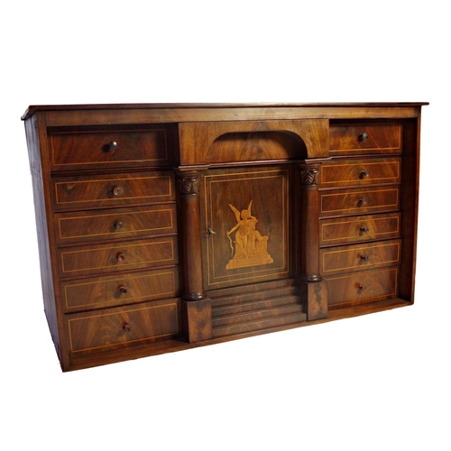 534 - Good quality 19th century flamed mahogany and boxwood inlaid architectural compendium of drawers, ce... 