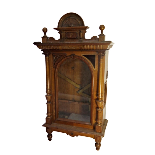 481 - 19th century walnut upright Polyphon case (no mechanism), with penny in slot action, 137cm high