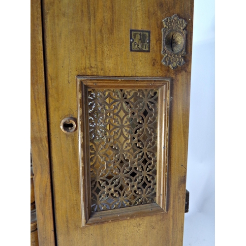 481 - 19th century walnut upright Polyphon case (no mechanism), with penny in slot action, 137cm high