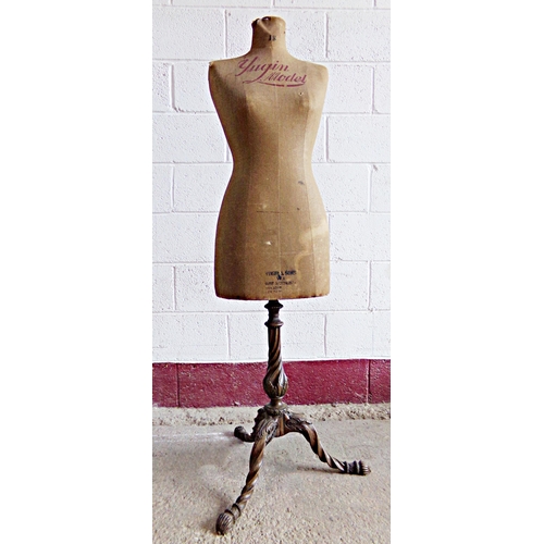 540 - Exceptional Yugin & Sons tailors dummy, on a wrythen fluted tripod base, inscribed '18', 147cm high